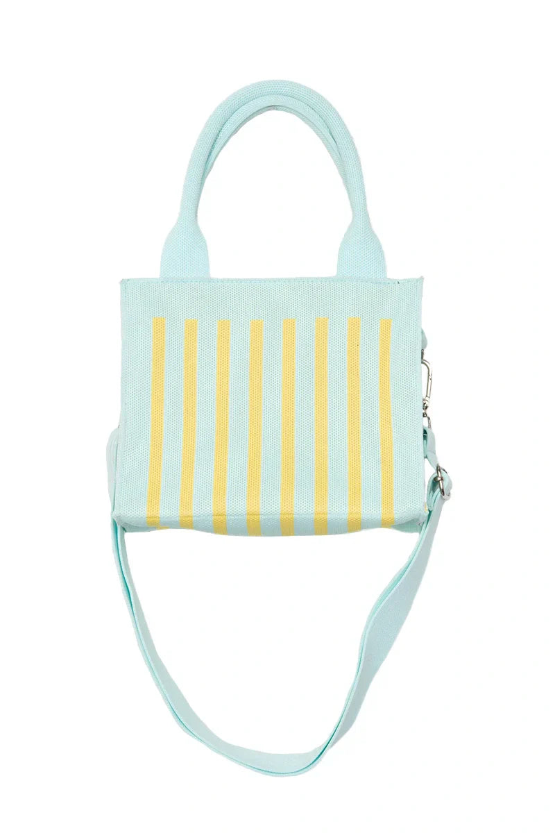 Light blue handbag with yellow stripes on a white background