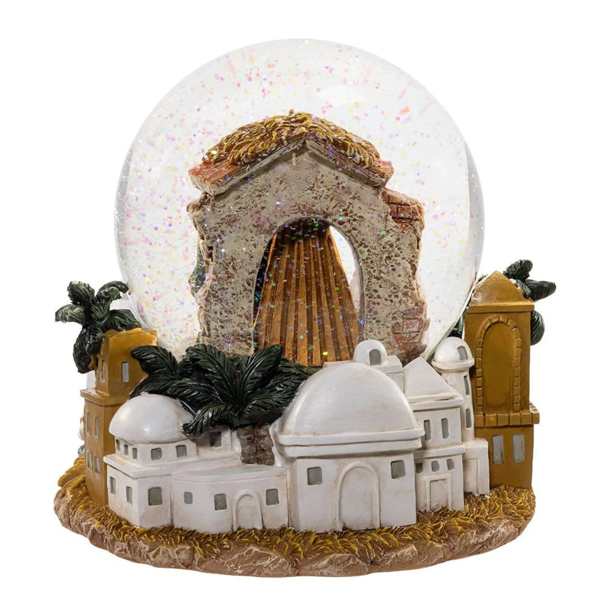 Decorative snow globe with architectural design and palm trees on a white background
