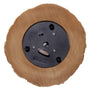 A circular natural wood slice with a rustic bark edge, mounted over a black circular base with metal screws and small black plastic plugs, photographed on a white background.