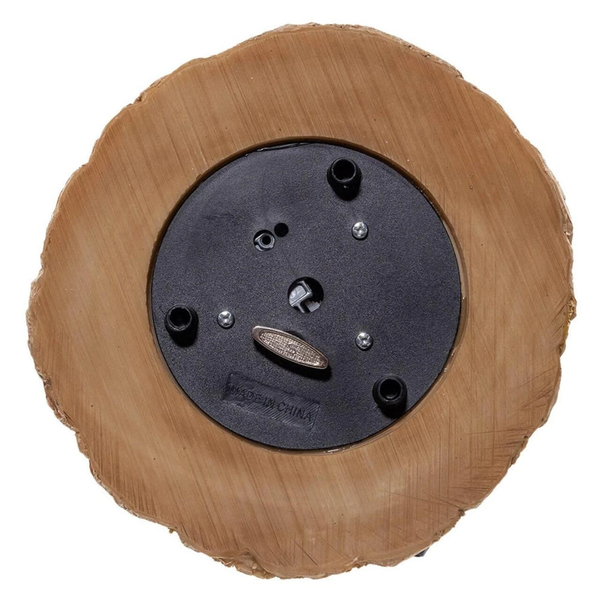 A circular natural wood slice with a rustic bark edge, mounted over a black circular base with metal screws and small black plastic plugs, photographed on a white background.