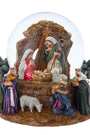 Nativity scene inside a snow globe with figures of Mary, Joseph, and baby Jesus.