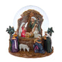 Nativity scene inside a snow globe with figures of Mary, Joseph, and baby Jesus.