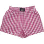 Hot Pink and white checkered boxer shorts on a plain background