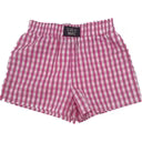 Hot Pink and white checkered boxer shorts on a plain background