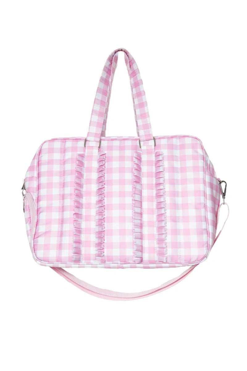 Pink gingham patterned bag on a white background