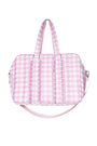Pink gingham patterned bag on a white background