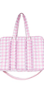 Pink gingham patterned bag on a white background