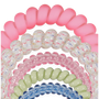 A set of translucent spiral hair elastic bands stacked together, showing multiple colors including pink, white with multicolor flecks, light pink, pale green, and light blue.