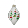 White Christmas tree ornament finial with green trees, red accents, and gold stars
