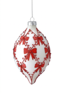Glass Christmas bauble ornament with red bow jewel pattern, hanging from silver hook