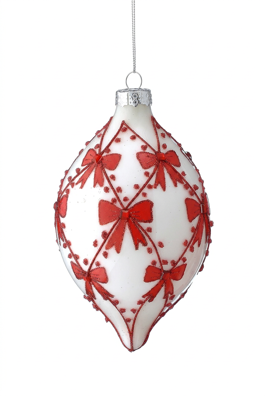 Glass Christmas bauble ornament with red bow jewel pattern, hanging from silver hook