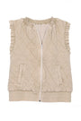 A sleeveless quilted vest in a light beige corduroy fabric, featuring a diamond-quilted pattern, elasticized ruffle trim at the shoulders, a front zipper, and side pockets, shown against a plain white background.
