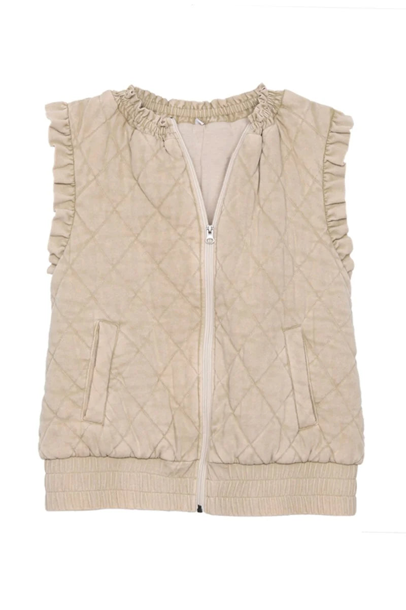 A sleeveless quilted vest in a light beige corduroy fabric, featuring a diamond-quilted pattern, elasticized ruffle trim at the shoulders, a front zipper, and side pockets, shown against a plain white background.