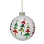 White Christmas tree ornament ball with green trees, red accents, and gold star sprigs
