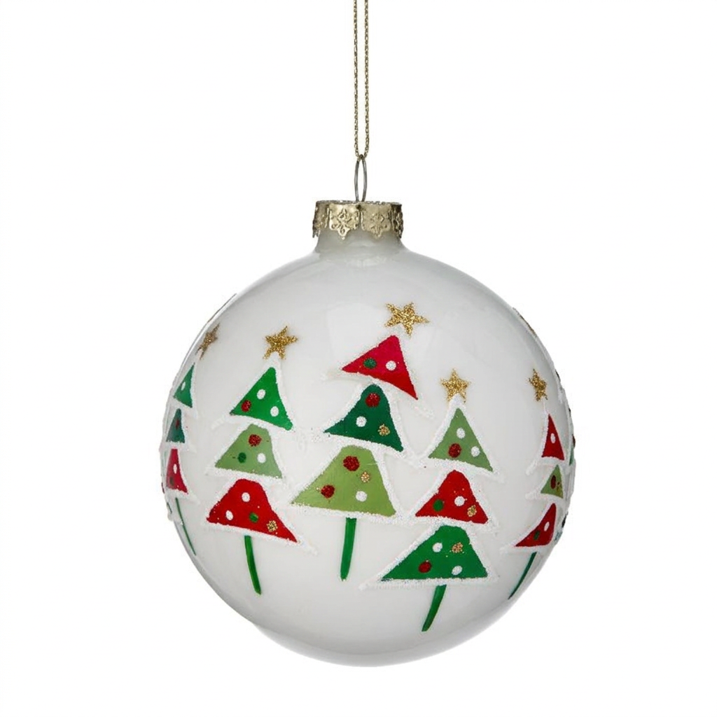 White Christmas tree ornament ball with green trees, red accents, and gold star sprigs