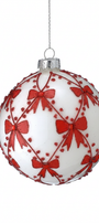 Glass Christmas ornament with red bow and butterfly accents on white, silver cap, hanging