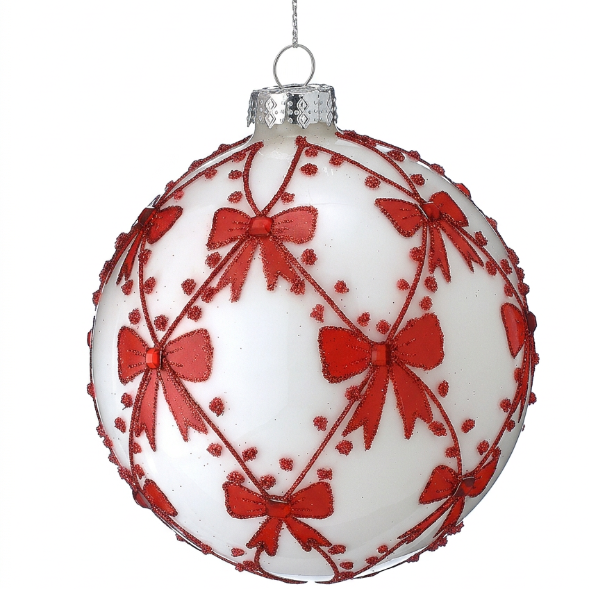 Glass Christmas ornament with red bow and butterfly accents on white, silver cap, hanging
