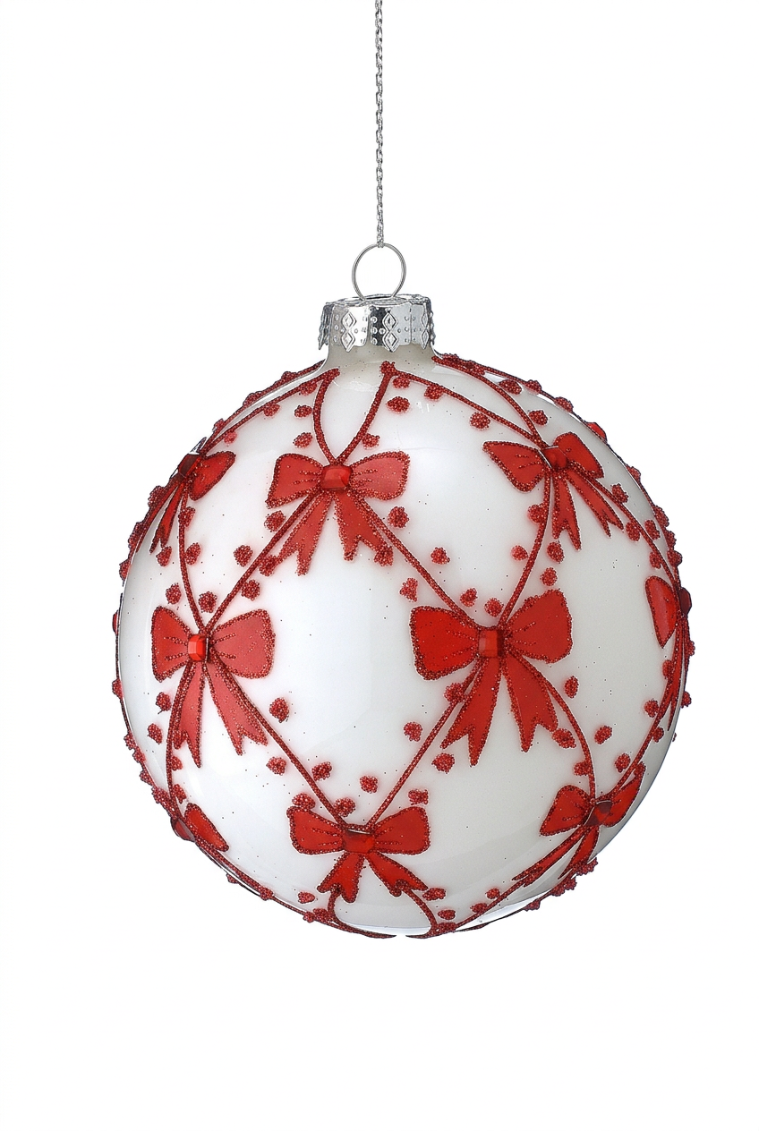 Glass Christmas ornament with red bow and butterfly accents on white, silver cap, hanging