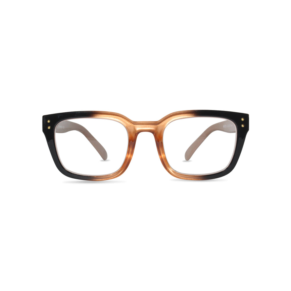 Eyeglasses with a two-tone brown and black frame on a white background