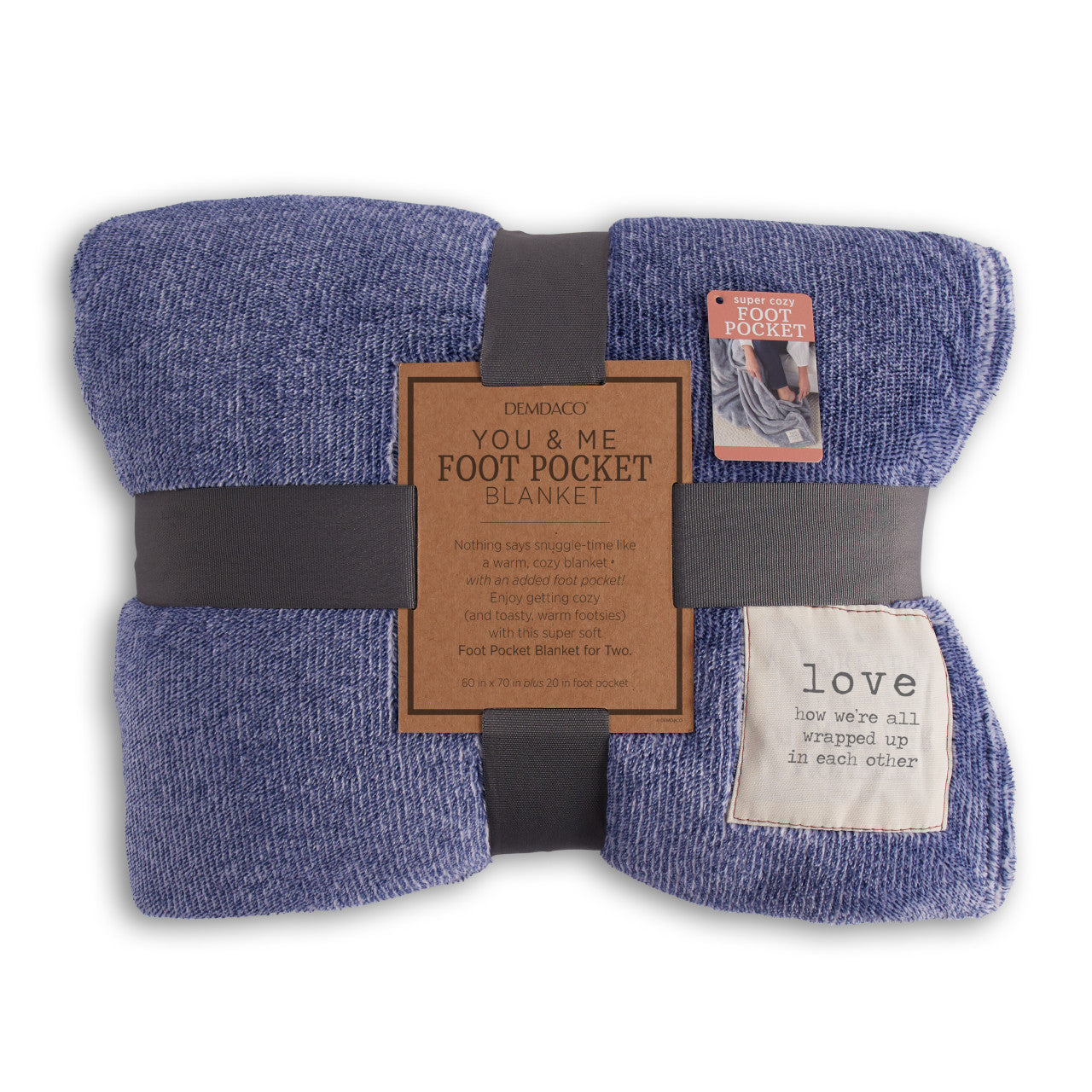 Folded blue foot pocket blanket with a label on a white background