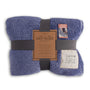 Folded blue foot pocket blanket with a label on a white background