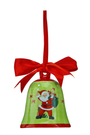 Green bell ornament with Santa and presents, red bow ribbon hanger