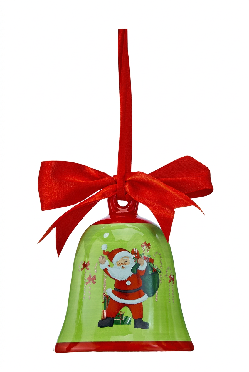 Green bell ornament with Santa and presents, red bow ribbon hanger