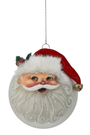 Santa glass ball ornament with white beard, red felt hat, gold bell