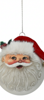 Santa glass ball ornament with white beard, red felt hat, gold bell