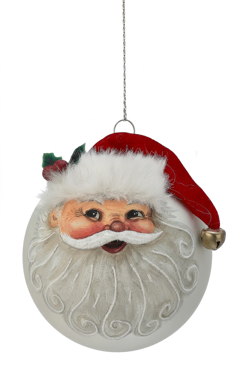 Santa glass ball ornament with white beard, red felt hat, gold bell