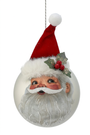 Santa glass ball ornament with white beard, red felt hat, holly and berries