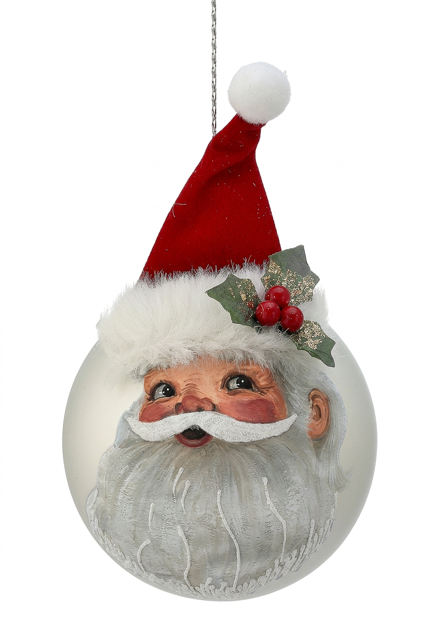 Santa glass ball ornament with white beard, red felt hat, holly and berries