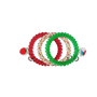 Three beaded stretch bracelets stacked together on a white background: one solid red, one green, and one white with red and green accents. Each bracelet has a small decorative charm at the end.