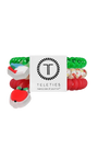 A set of Teleties taking care of your teeth dental toys, featuring red, green, white, and clear silicone pieces arranged behind a white brand card on a solid white background.