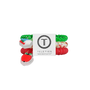 A set of Teleties taking care of your teeth dental toys, featuring red, green, white, and clear silicone pieces arranged behind a white brand card on a solid white background.