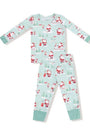 Children's Christmas-themed pajama set with Santa Claus and reindeer on a light blue background.