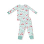 Children's Christmas-themed pajama set with Santa Claus and reindeer on a light blue background.