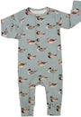 Children's onesie with duck pattern on a light blue background