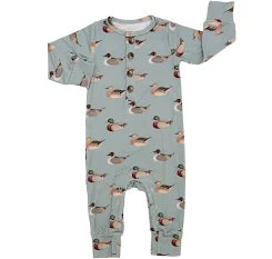 Children's onesie with duck pattern on a light blue background