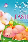 Book cover of 'God Bless Our Easter' with pigs and Easter eggs on a grassy background