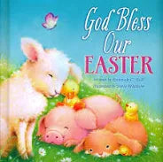 Book cover of 'God Bless Our Easter' with pigs and Easter eggs on a grassy background