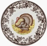 Decorative plate with a turkey illustration on a patterned border