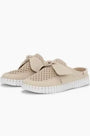 Beige slip-on sneakers with white soles on a white background