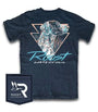 Navy blue t-shirt with a dog graphic and 'Roost Waterfowl' text, accompanied by a matching patch.