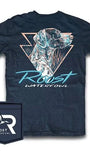 Navy blue t-shirt with a dog graphic and 'Roost Waterfowl' text, accompanied by a matching patch.