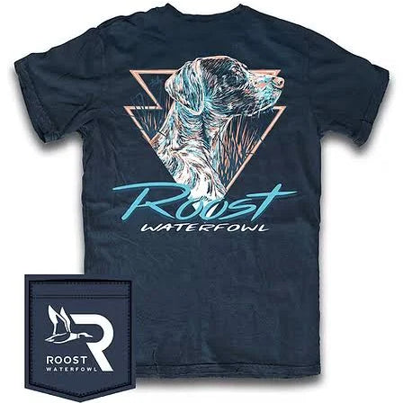Navy blue t-shirt with a dog graphic and 'Roost Waterfowl' text, accompanied by a matching patch.