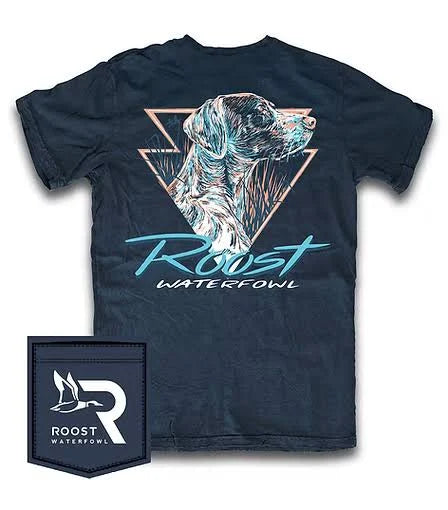 Navy blue t-shirt with a dog graphic and 'Roost Waterfowl' text, accompanied by a matching patch.