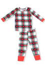Plaid pajama set with red, green, and white colors on a white background