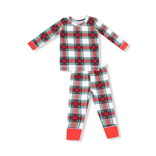 Plaid pajama set with red, green, and white colors on a white background