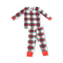 Plaid pajama set with red, green, and white colors on a white background